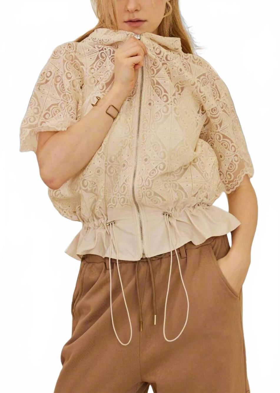 NEW MELLO zip up crocheted laced short sleeve top with hood in ivory